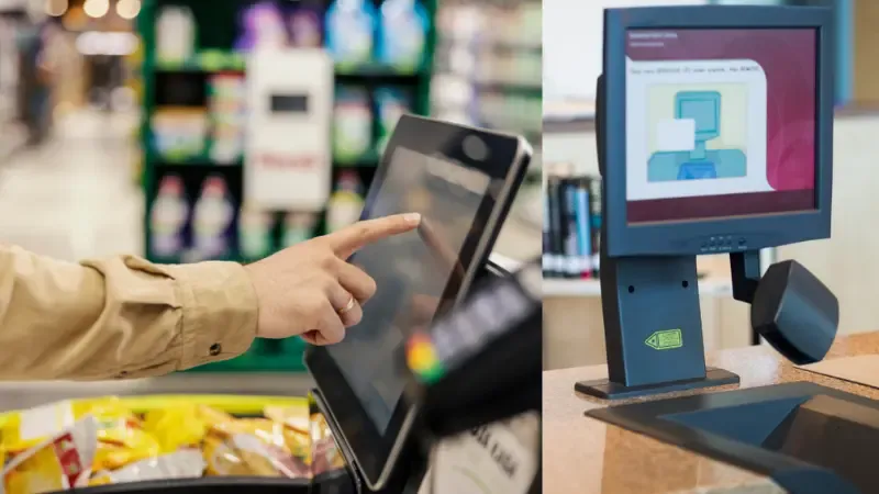 A customer selecting products on a self-checkout machine with a wide interface