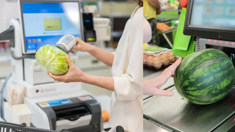 A shopkeeper scanning a product on a self-checkout machine