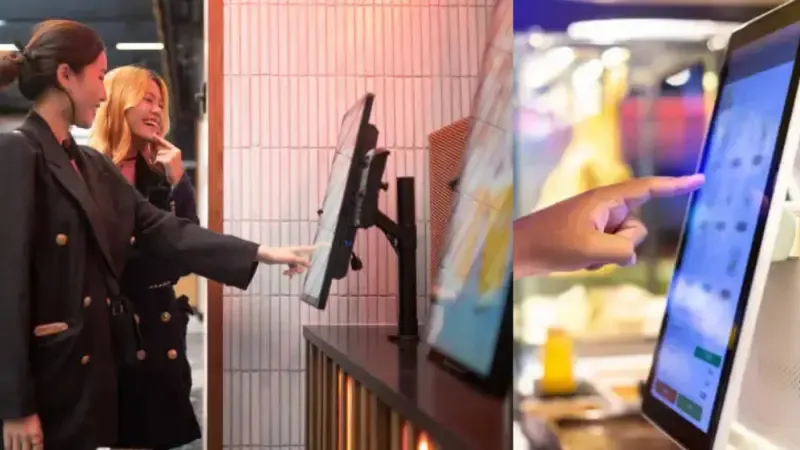 Customers using a kiosk at a restaurant