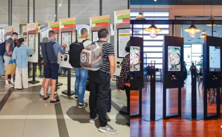 Customers using self-service kiosks in restaurants