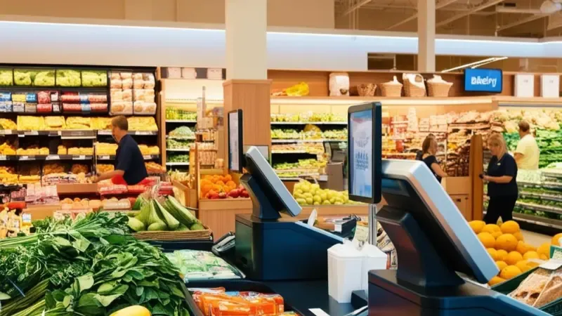 POS kiosks in a grocery store