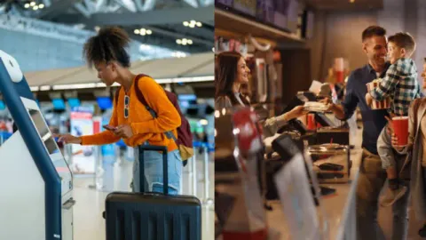 Customers using self-service kiosks in airports and cinemas