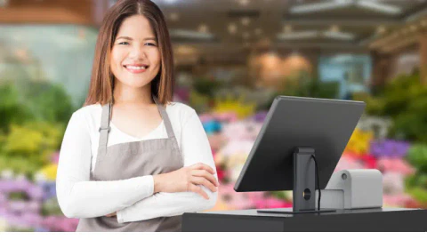 A happy consumer of POS system in a large grocery store