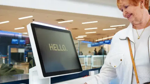 An older lady happily using a kiosk