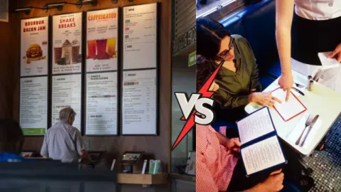Customer placing order using kiosk VS Waiter taking order manually