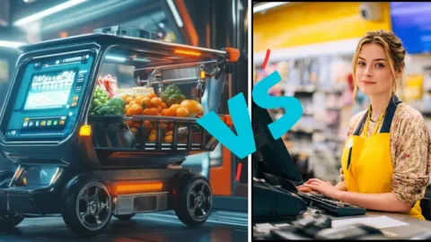 Smart cart at left. Self-checkout at right