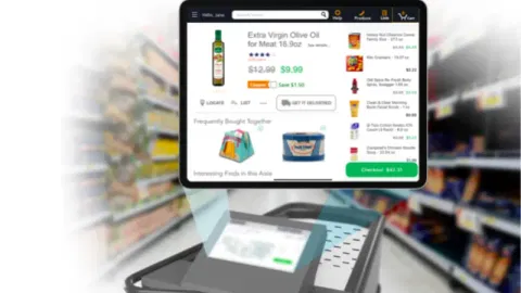 Shopper using smart cart touchscreen inside grocery aisle